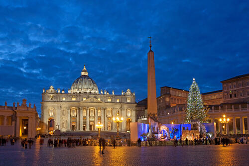 St Peter's Square in Rome with Christmas tree and Nativity