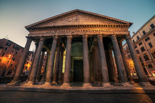 Front view of the Pantheon's columns at dusk