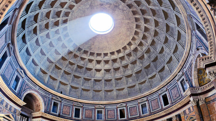 Interior view of the oculus in the dome of Rome's ancient Pantheon