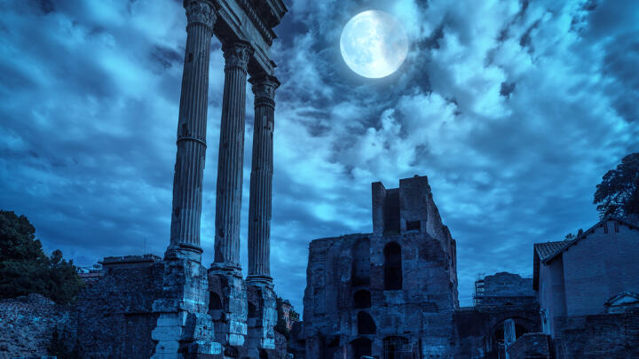 The Roman Forum under the faint light of the moon