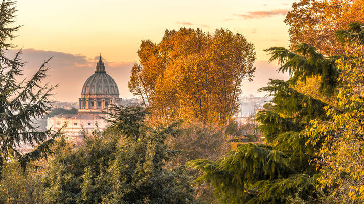 View of St Peter's Basilica from Janiculum Hill in Trastevere, Rome