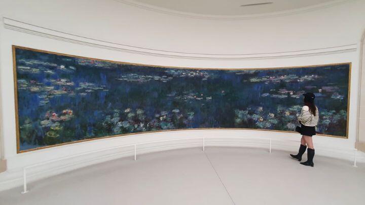 Woman with back to camera in front of giant Monet waterlily painting, Musee de l'Orangerie, Paris
