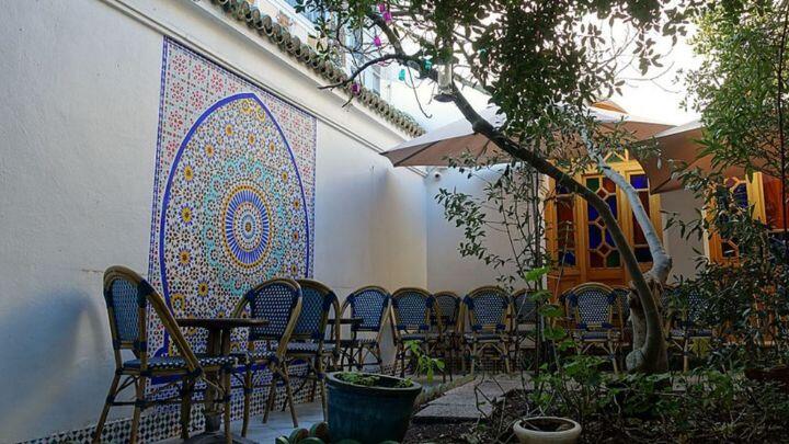Chairs and tiled mosaic wall, overhung by trees in courtyard at Salon de The, Grand Mosque, Paris
