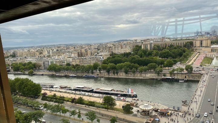 Birds eye view over Paris and the Seine from Madame Brasserie, Eiffel Tower, Paris