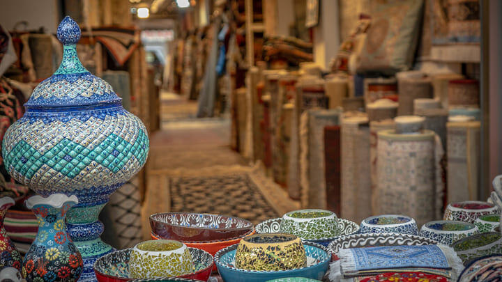 Colorful ceramics for sale in an Arab Street shop in Kampong Glam.