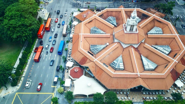 Aerial view of Lau Pa Sat hawker center with its distinctive octagonal shape.