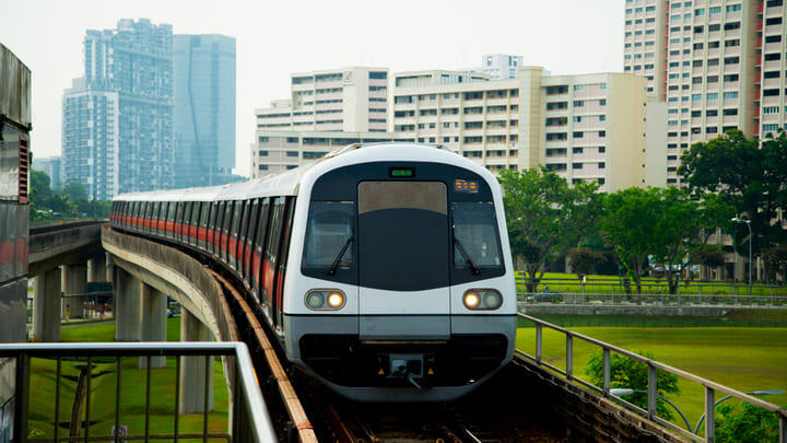A metro train on the MRT (Mass Rapid Transit) system in Singapore.