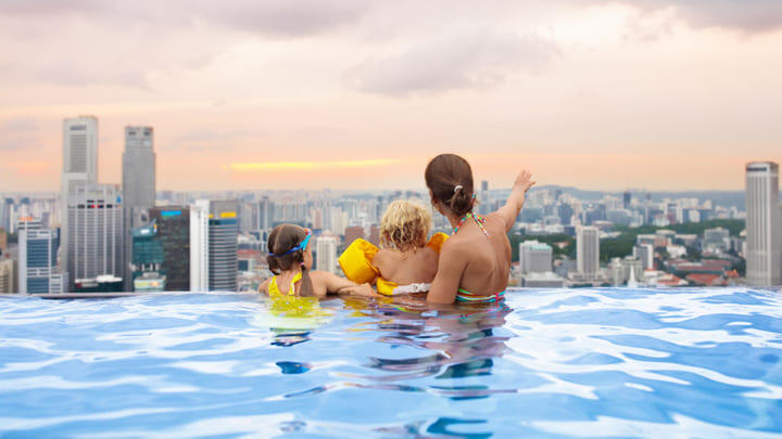 The rooftop infinity pool at the top of the Marina Bay Sands hotel