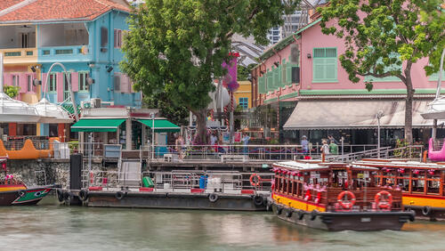 View from the river of the waterfront at Clarke Quay Central shopping centre