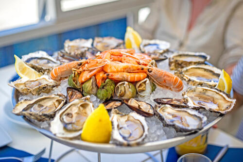 Seafood platter with prawns, oysters and mussels