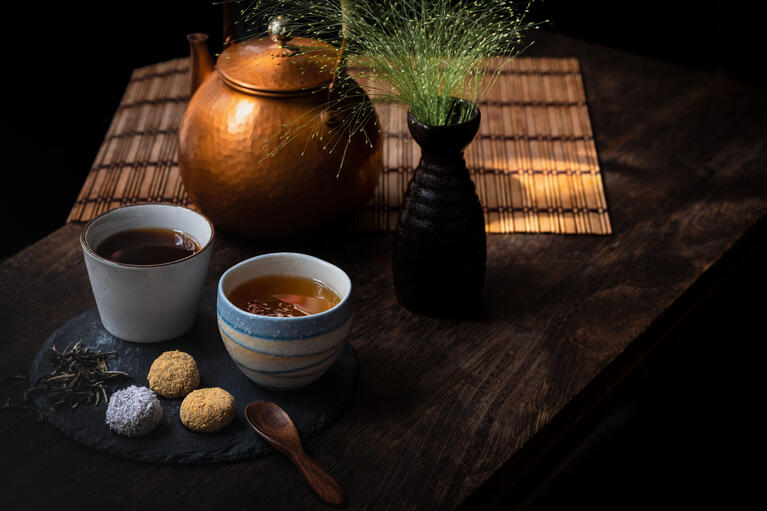 Two tea cups and a teapot in a Chinese tea house