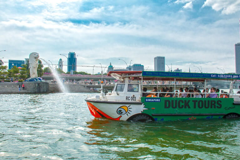 Duck boat on the Singapore River near the Merlion Statue