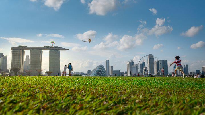 Green grass, blue sky, people with kites against Singapore skyline including Marina Bay Sands