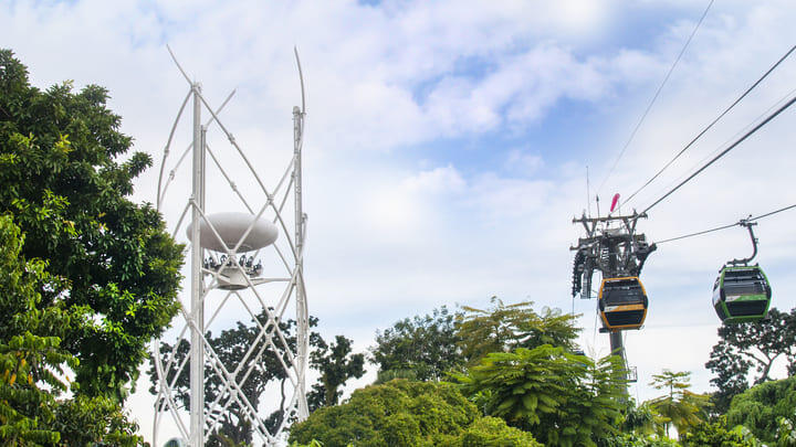 The SkyHelix and cable cars rising over the jungle canopy on Sentosa island