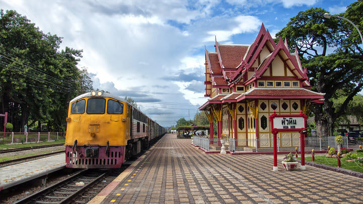 Train passing through Thailand's Hua Hin station.