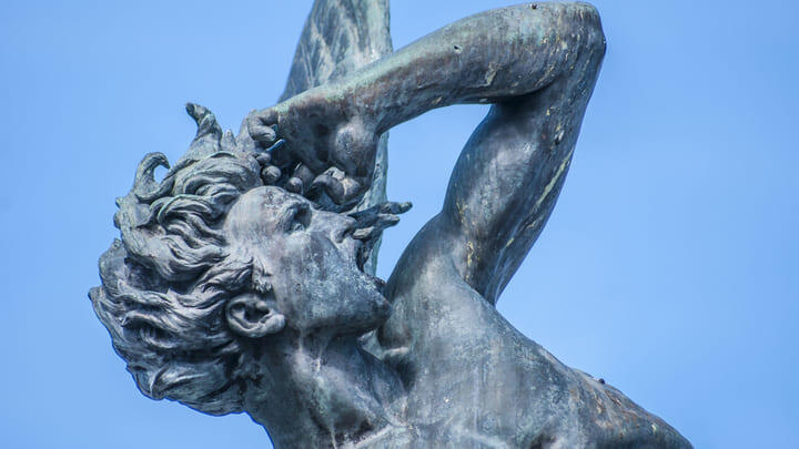 The Fountain of the Fallen Angel in Retiro Park, Madrid.