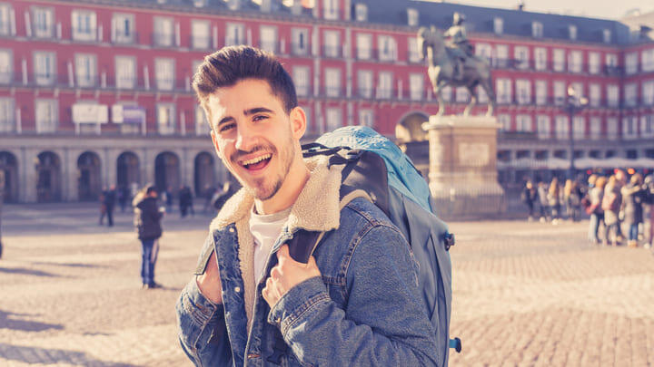 Tourist on Plaza Mayor, Madrid.