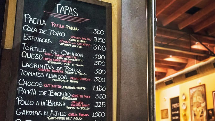 A tapas menu in Madrid.