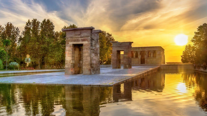 The Temple of Debod in Madrid at sunset.