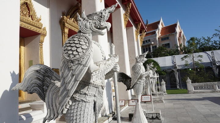 Stone sculptures of Hindu deity Garuda at the National Museum in Bangkok.