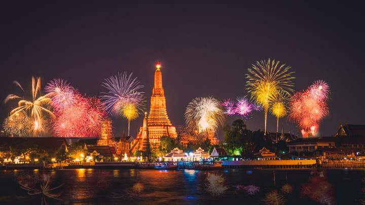 Bangkok skyline with fireworks at New Year.