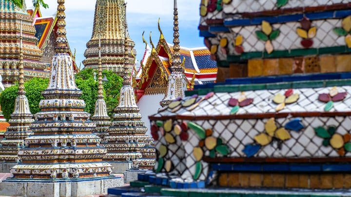 Colorful spires at Wat Pho in Bangkok.