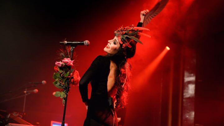 Flamenco dancer strikes a pose with a fan against a red background