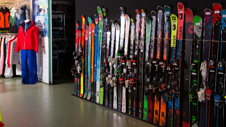 Various skiing equipment on display in a Barcelona sports store