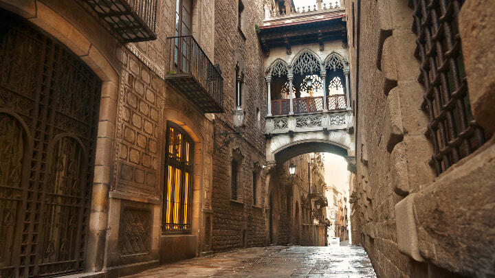 A bridge between buildings within the Gothic quarter of Barcelona