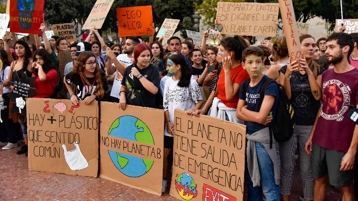 Young climate activists gathered at a protest in Barcelona