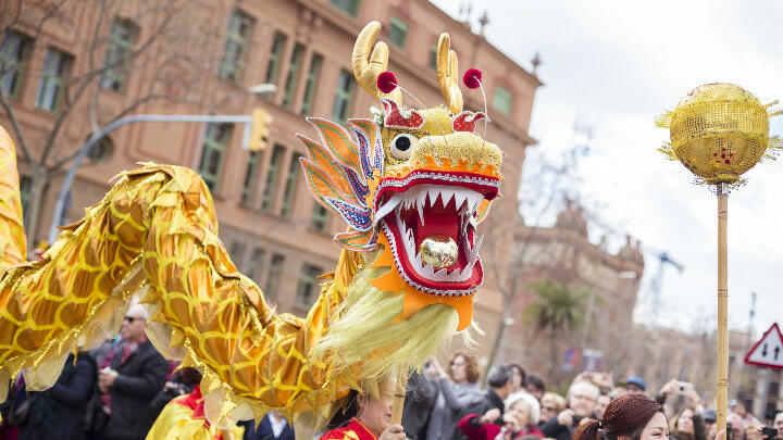 A Chinese dragon puppet being paraded during the Lunar New Year procession