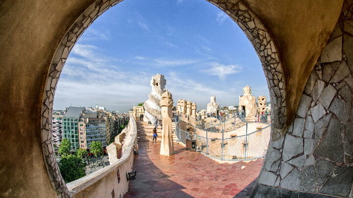 Rooftop terrace of La Pedrera viewed from an archway