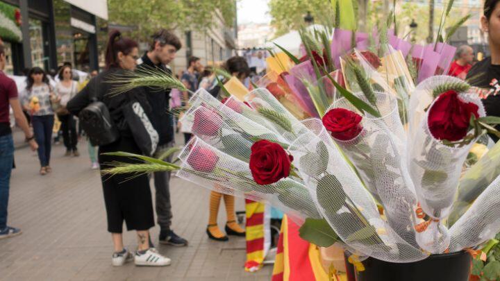 Close-up of sellophane wrapped roses as couple survey stalls on Sant Jordi