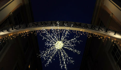 Greenwich Market entrance arch at night time