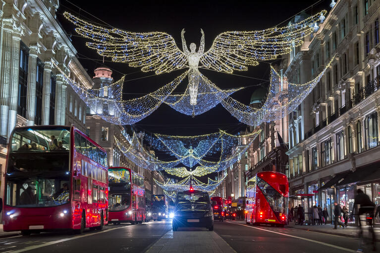 Regent Street in London decorated with Christmas lights