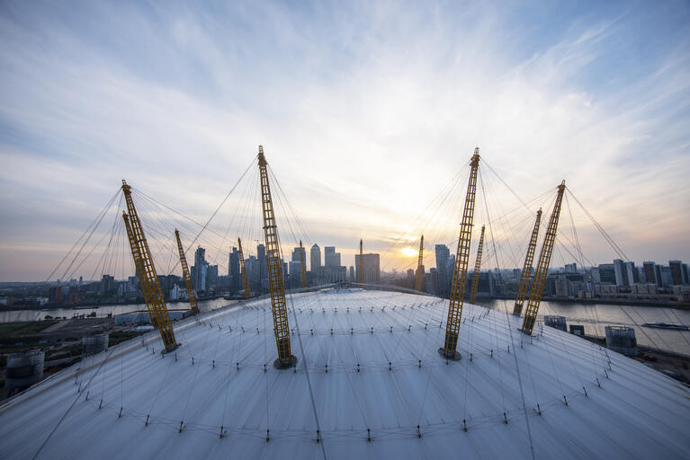 View of the sunset from the roof of the O2 in London