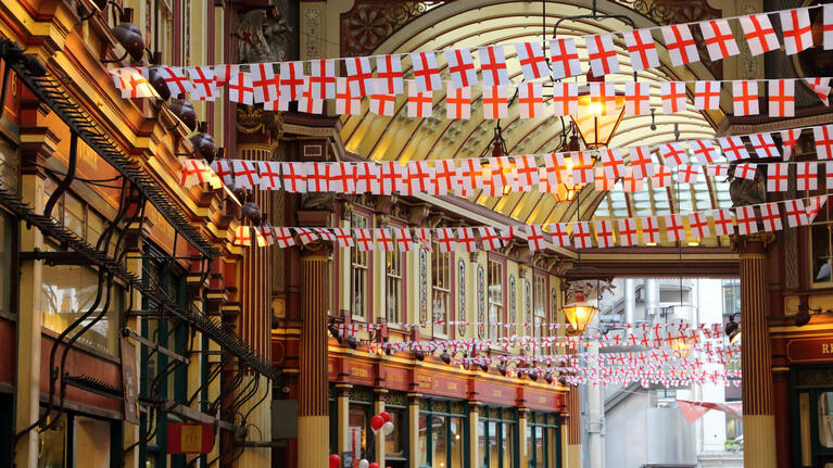 English flags adorning the elegant facades of Leadenhall market