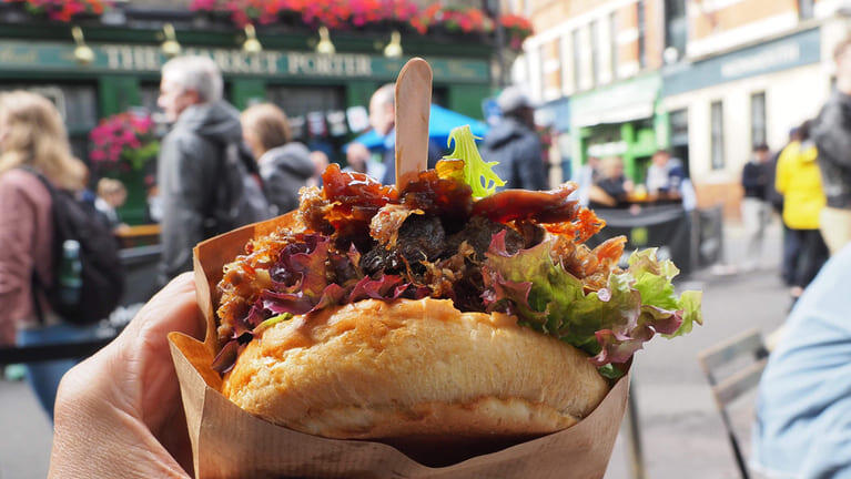 A confit duck sandwich in Borough Market.