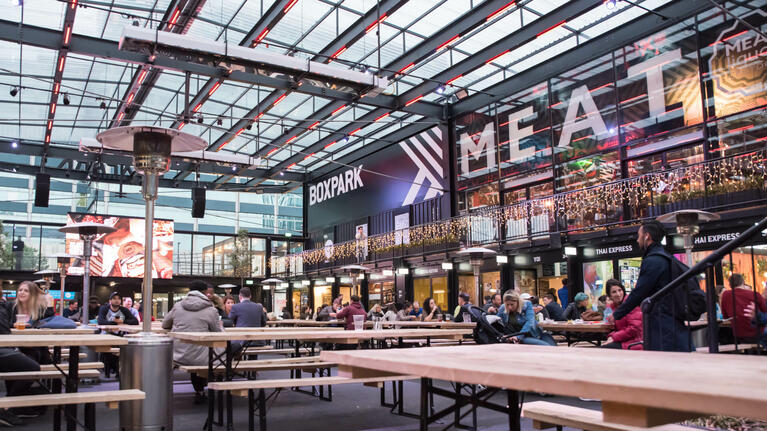 Interior of Boxpark a cheap place to eat in London